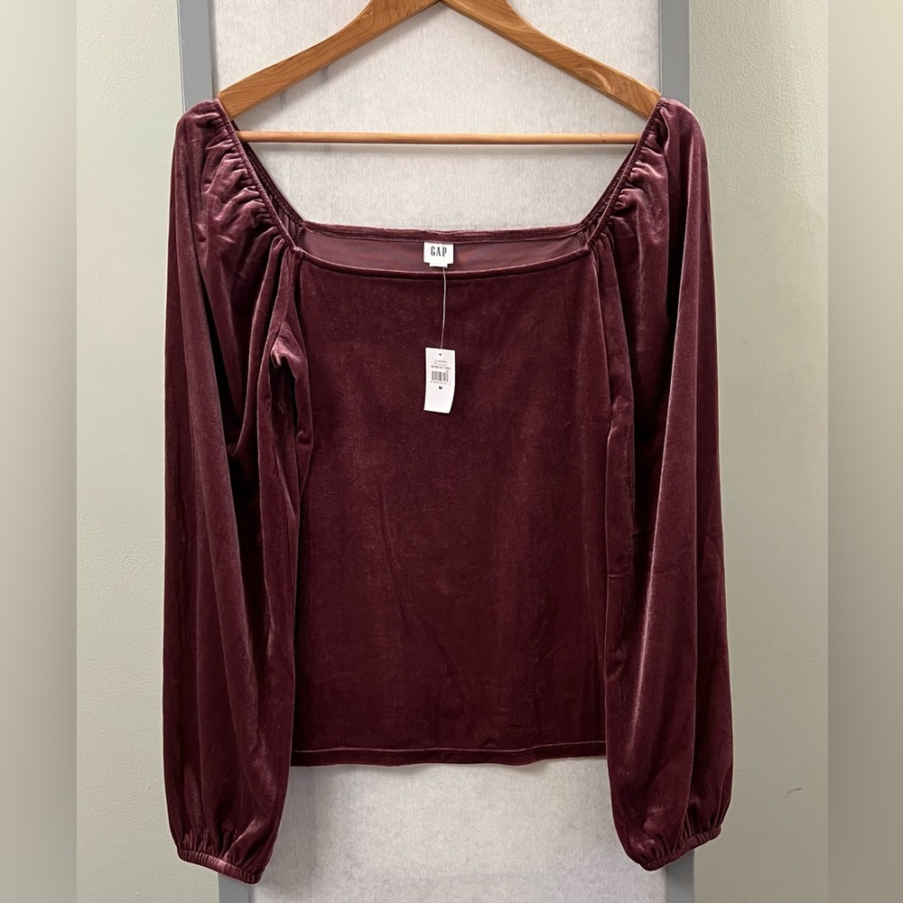 NWT GAP Factory Medium Velour Squareneck Top Burgundy Purple Stretch Vel…